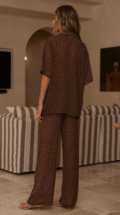 Ashleigh Sheer Shirt and Pants Set - Brown Polka