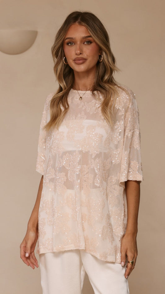 Arlo Oversized Sequin Top - Beige Floral