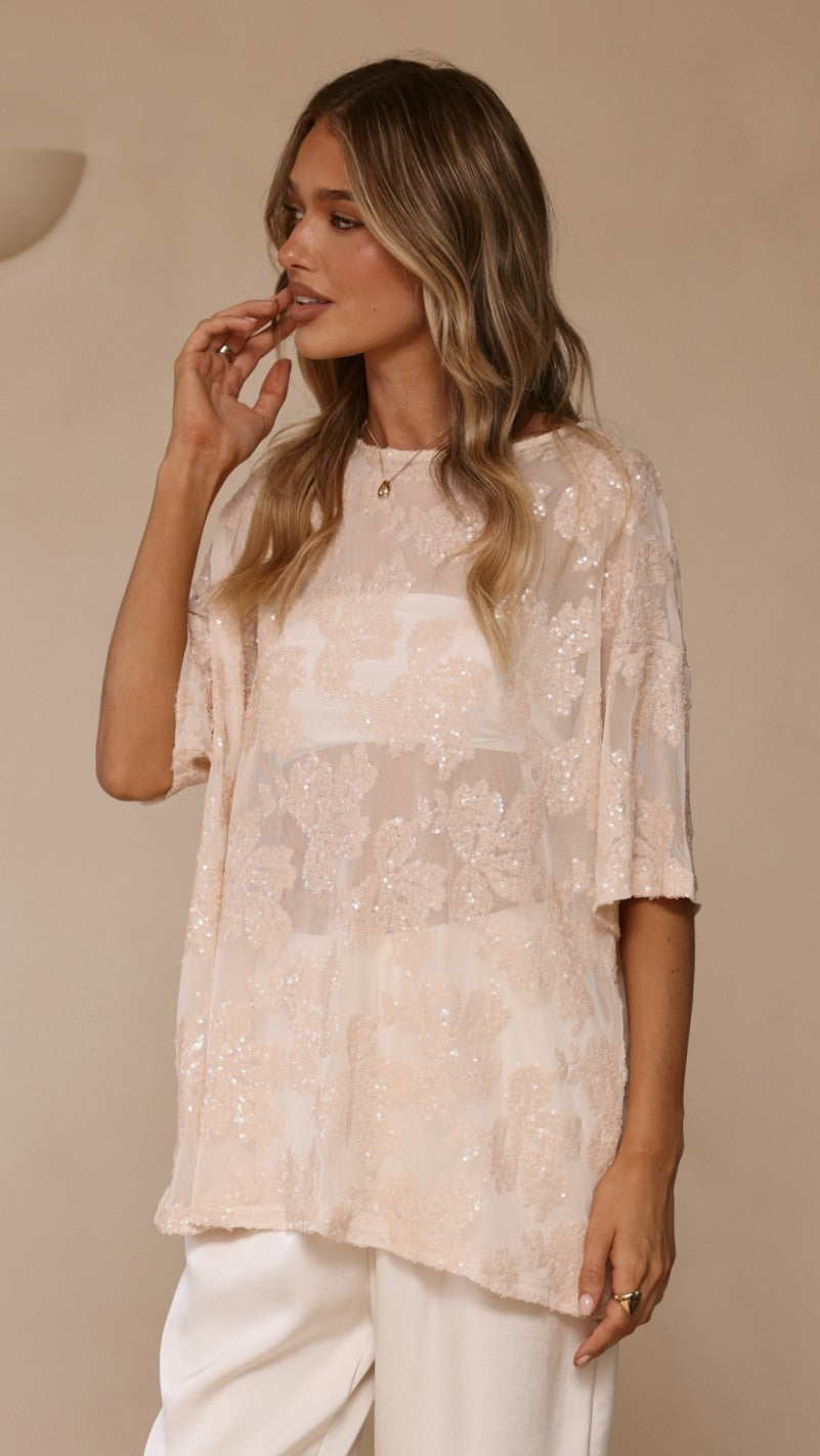 Arlo Oversized Sequin Top - Beige Floral