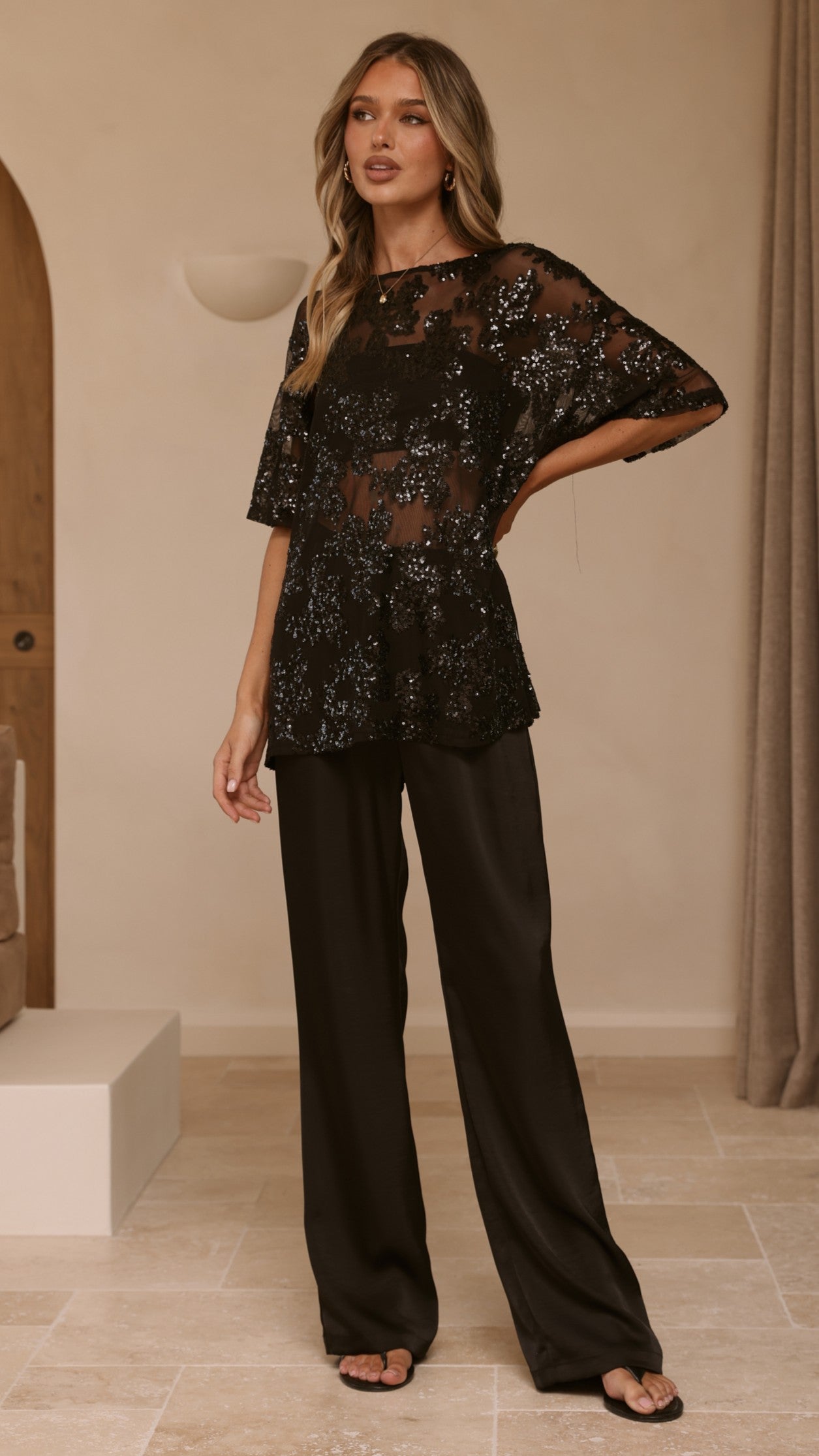Arlo Oversized Sequin Top - Black Floral