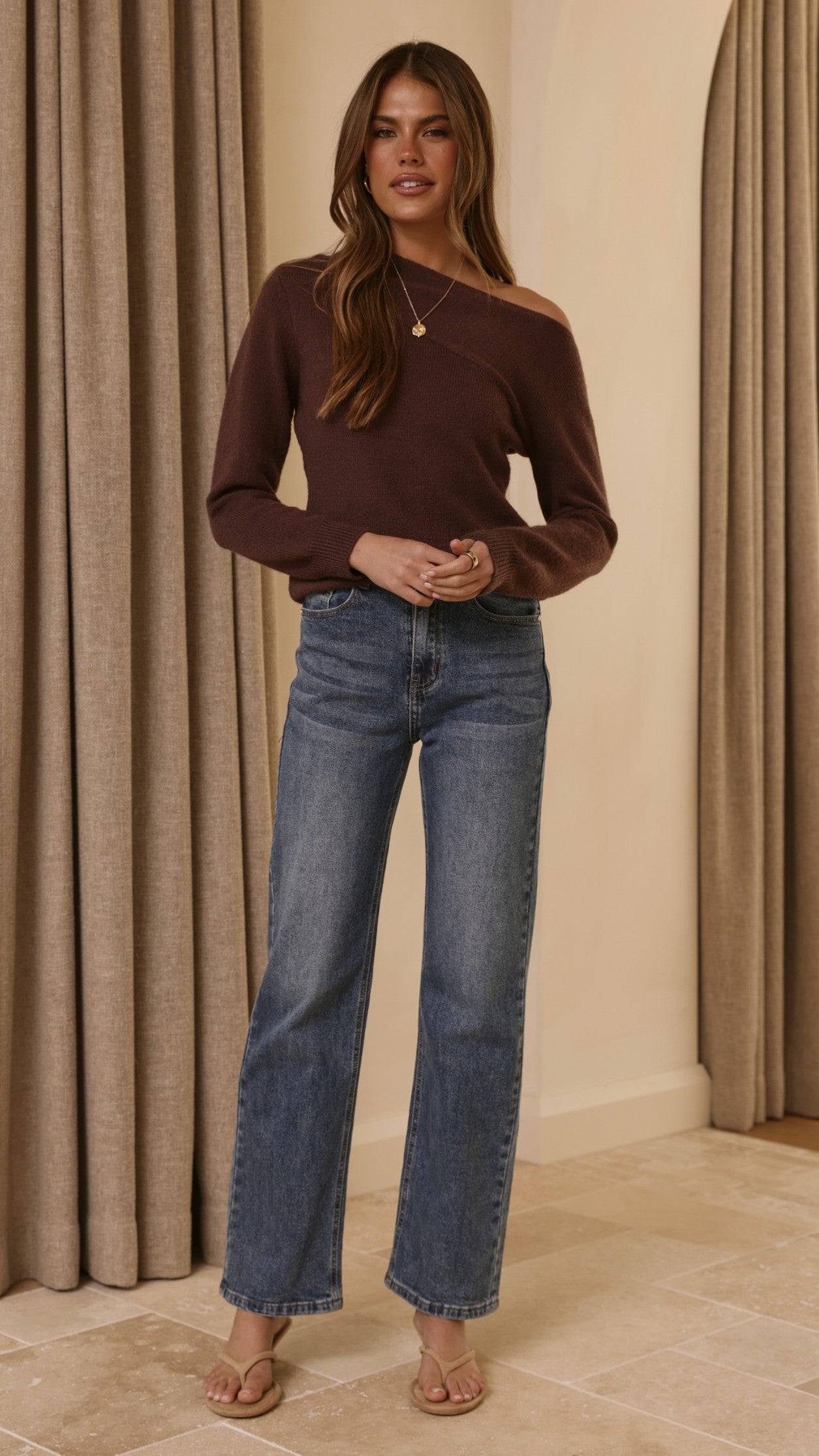 Briella Boat Neck Sweater - Brown