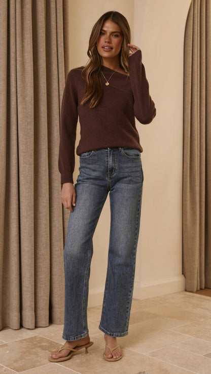 Briella Boat Neck Sweater - Brown