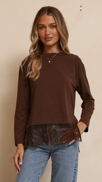 Alina Lace Trim Top - Chocolate