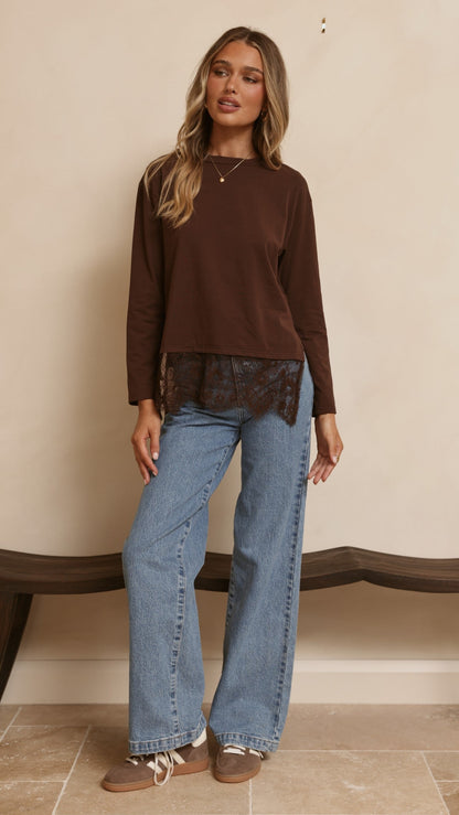 Alina Lace Trim Top - Chocolate