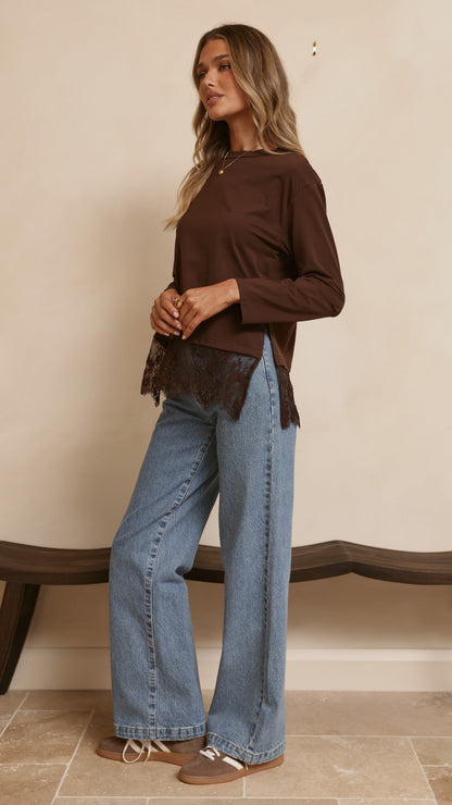 Alina Lace Trim Top - Chocolate