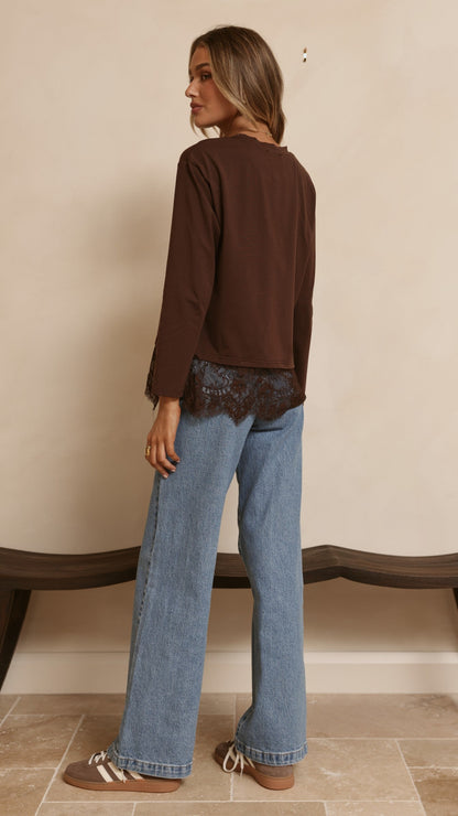 Alina Lace Trim Top - Chocolate