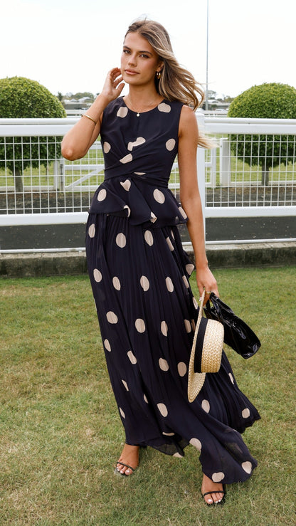 Cambree Peplum Top and Maxi Skirt Set - Black / Beige Polka Dot