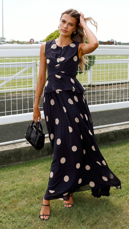 Cambree Peplum Top and Maxi Skirt Set - Black / Beige Polka Dot