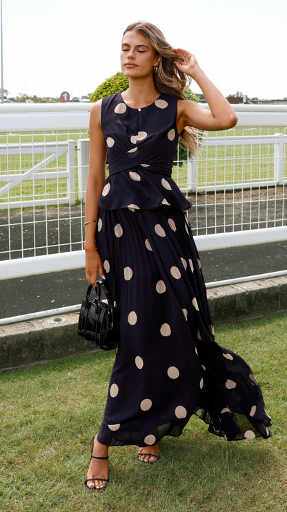 Cambree Peplum Top and Maxi Skirt Set - Black / Beige Polka Dot