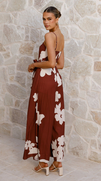 Carson Front Split Strapless Jumpsuit - Merlot Floral