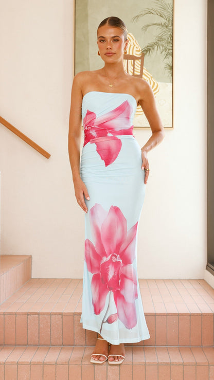 Brittani Strapless Maxi Dress - Blue/Pink