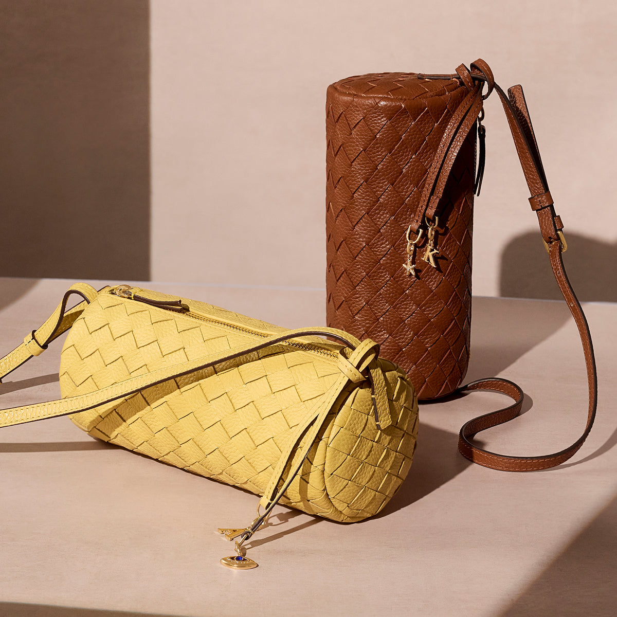 Woven Leather Barrel Bag (Tan)