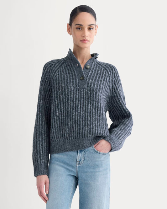 Funnel-Neck Ribbed Henley Sweater | Indigo