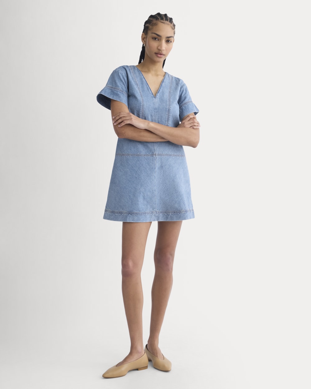 Denim Short-Sleeve Dress | Light Indigo