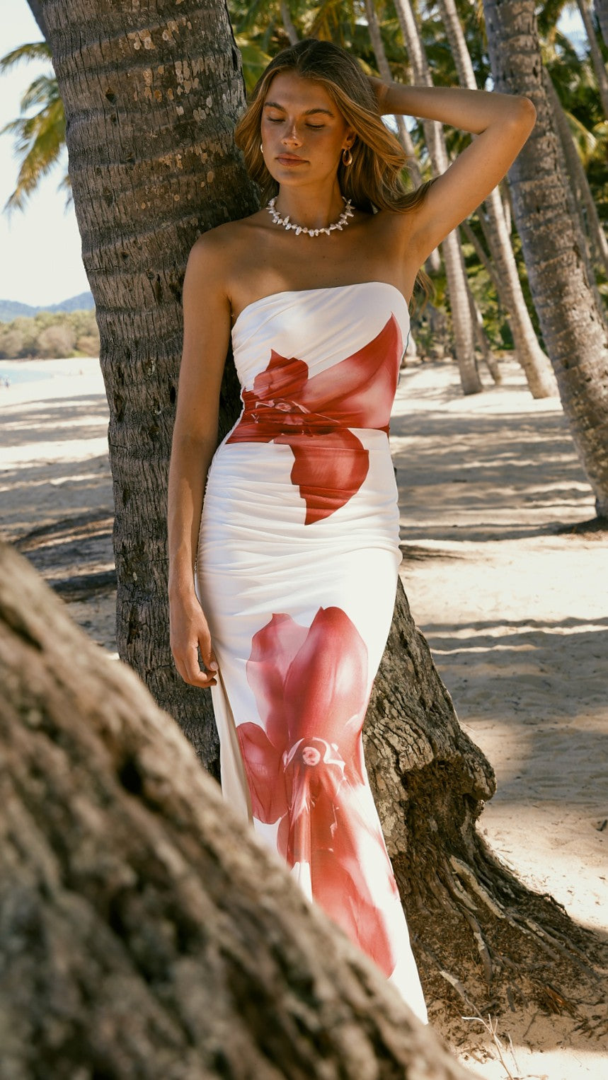 Brittani Strapless Maxi Dress - White/Red