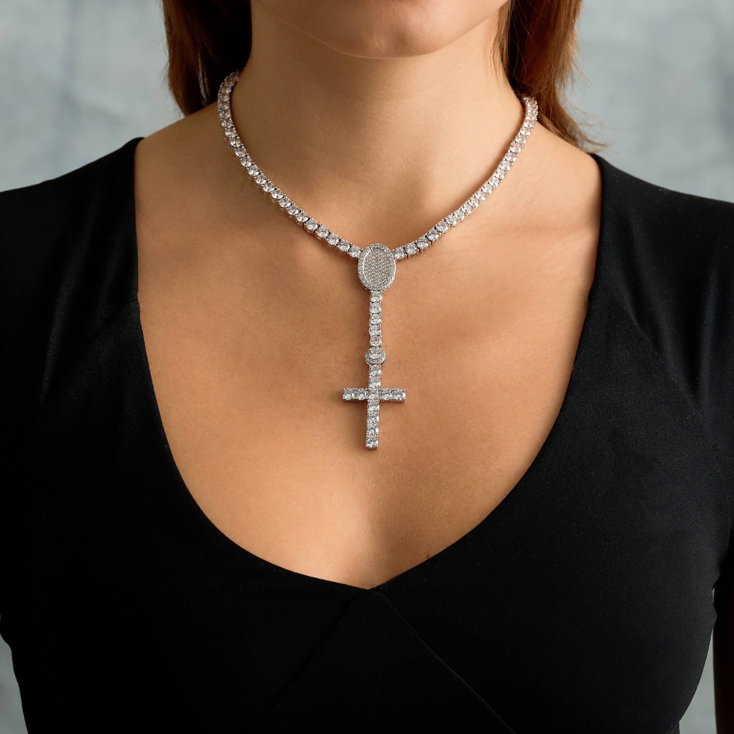 Diamond Eternity Tennis Cross Rosary Lariat Necklace in White Gold - 5mm