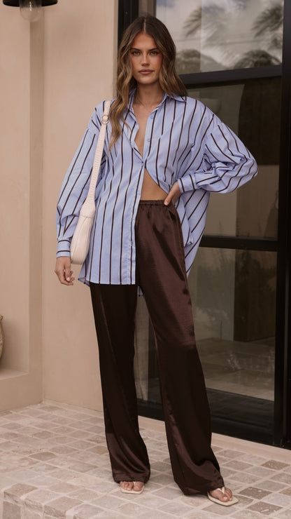 Arli Button Up Shirt - Blue/Brown Stripe