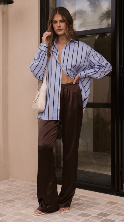 Arli Button Up Shirt - Blue/Brown Stripe