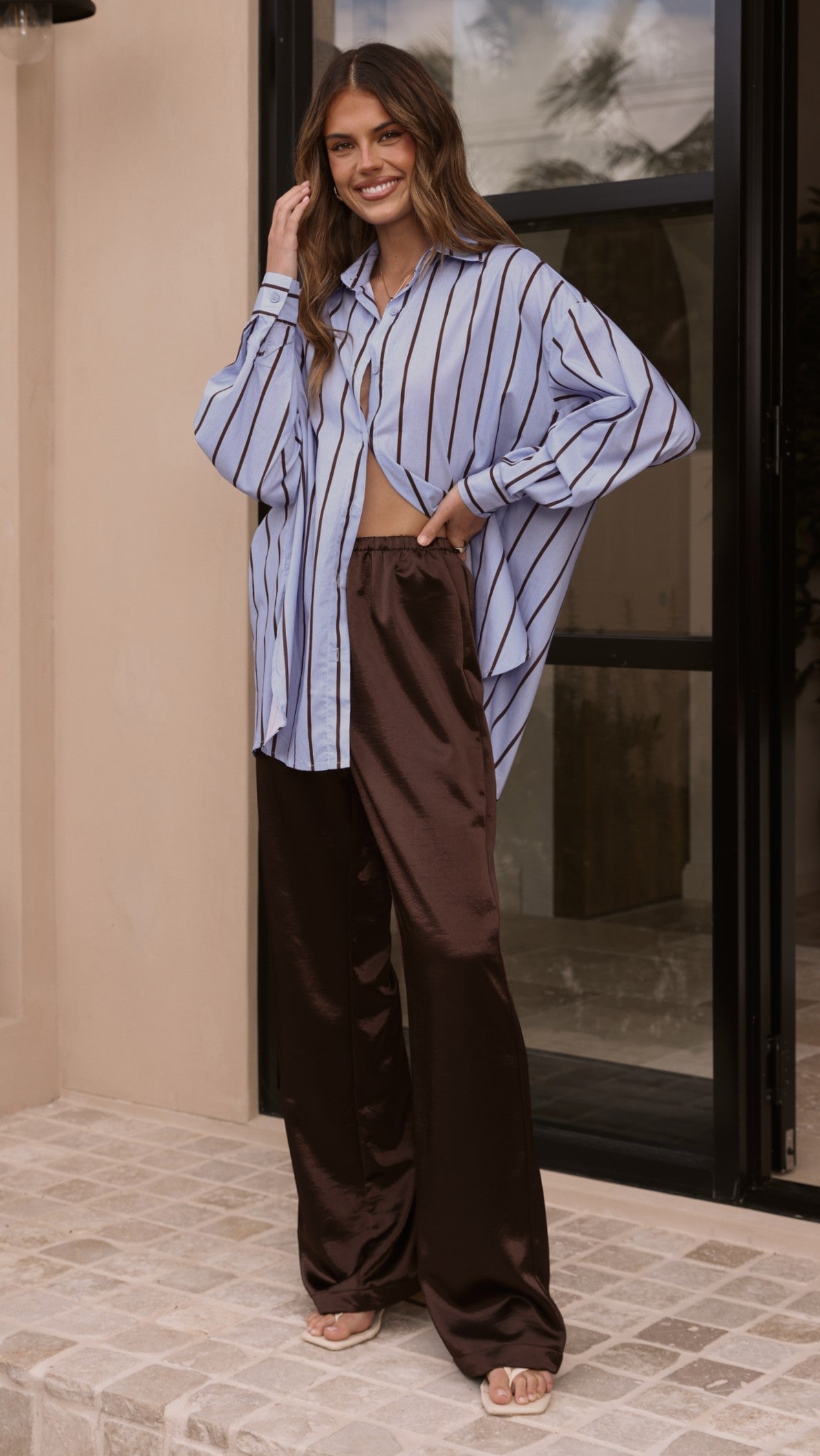 Arli Button Up Shirt - Blue/Brown Stripe