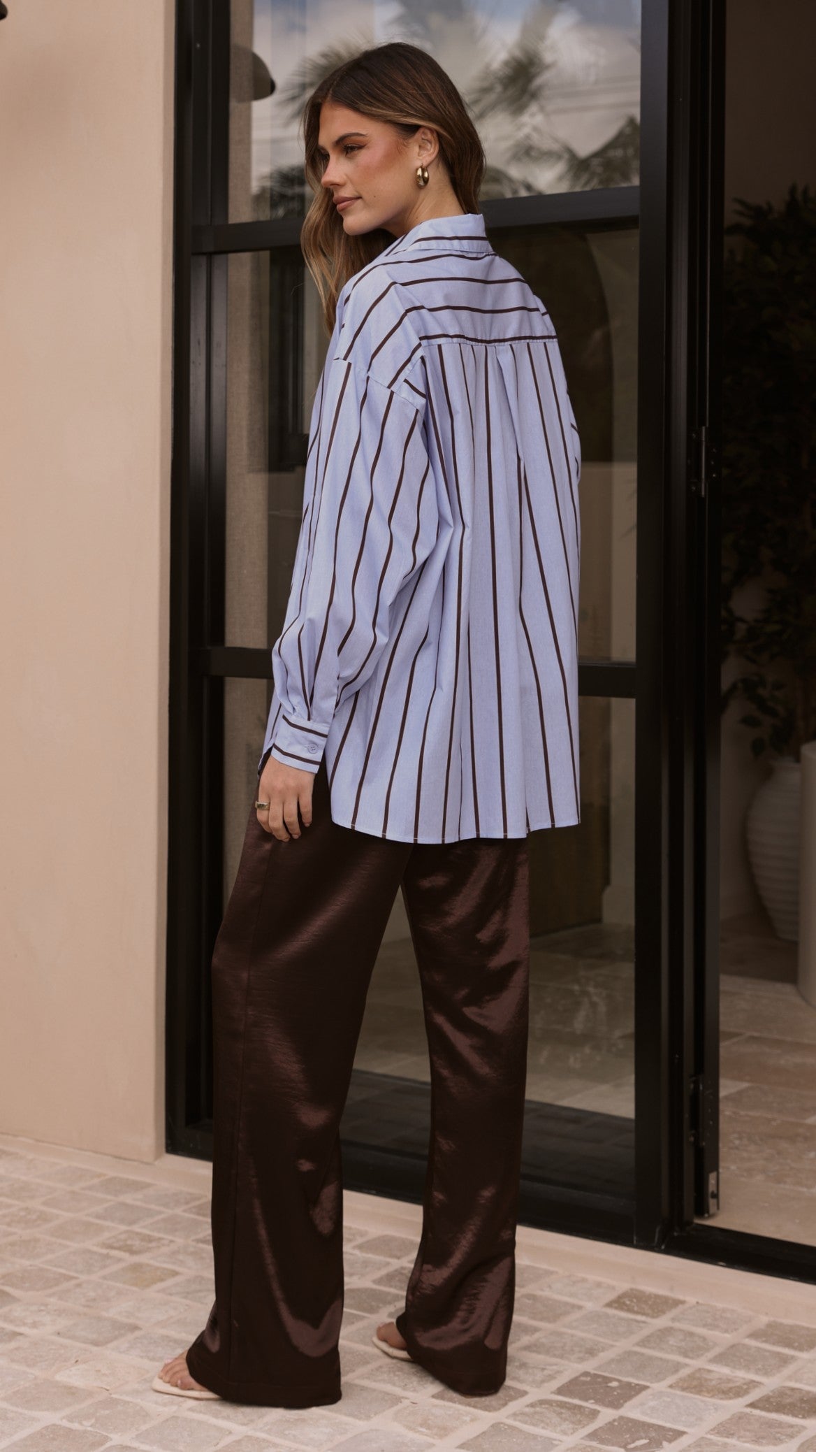 Arli Button Up Shirt - Blue/Brown Stripe