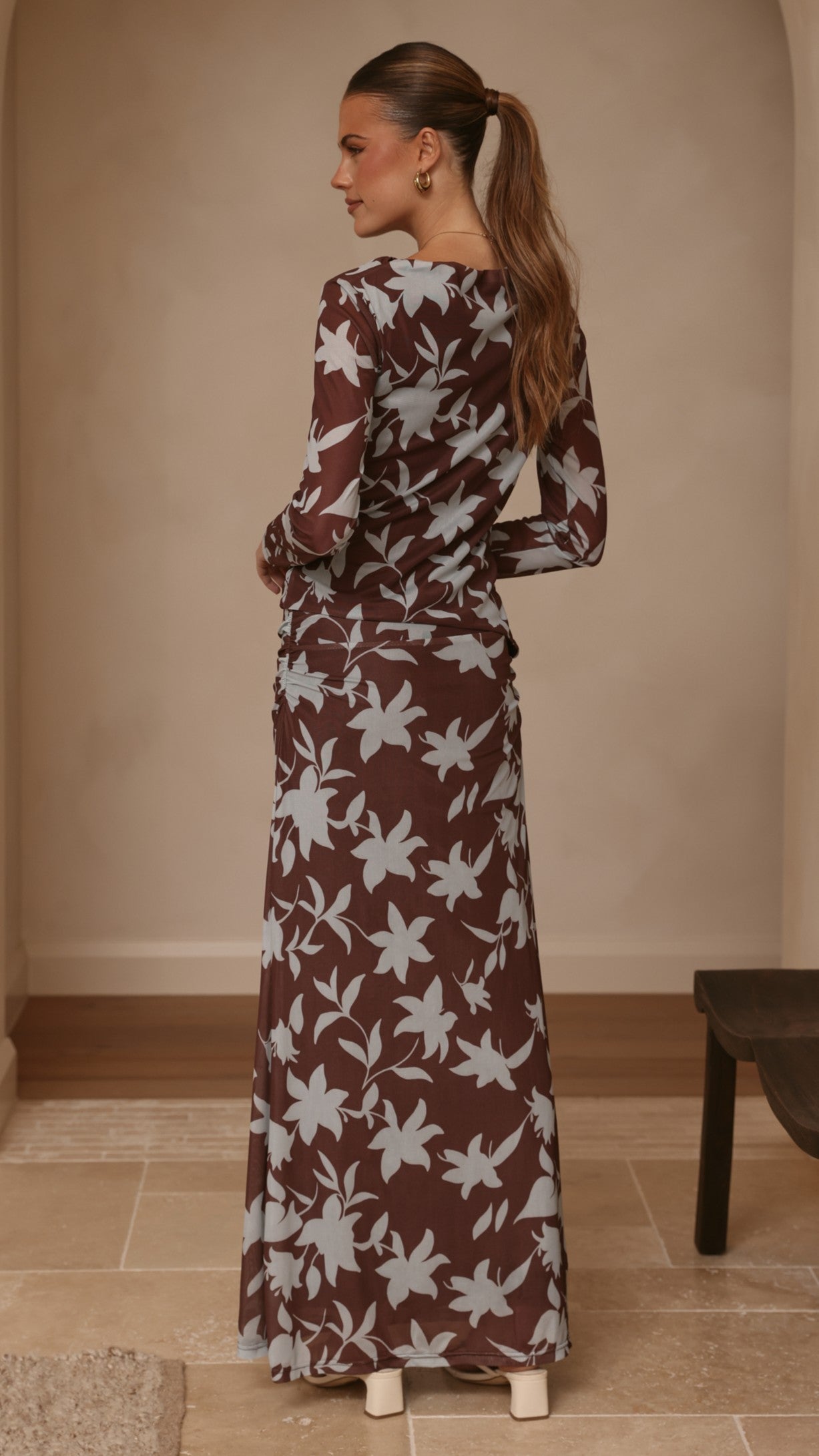 Adira Long Sleeve Top - Chocolate/Blue Print