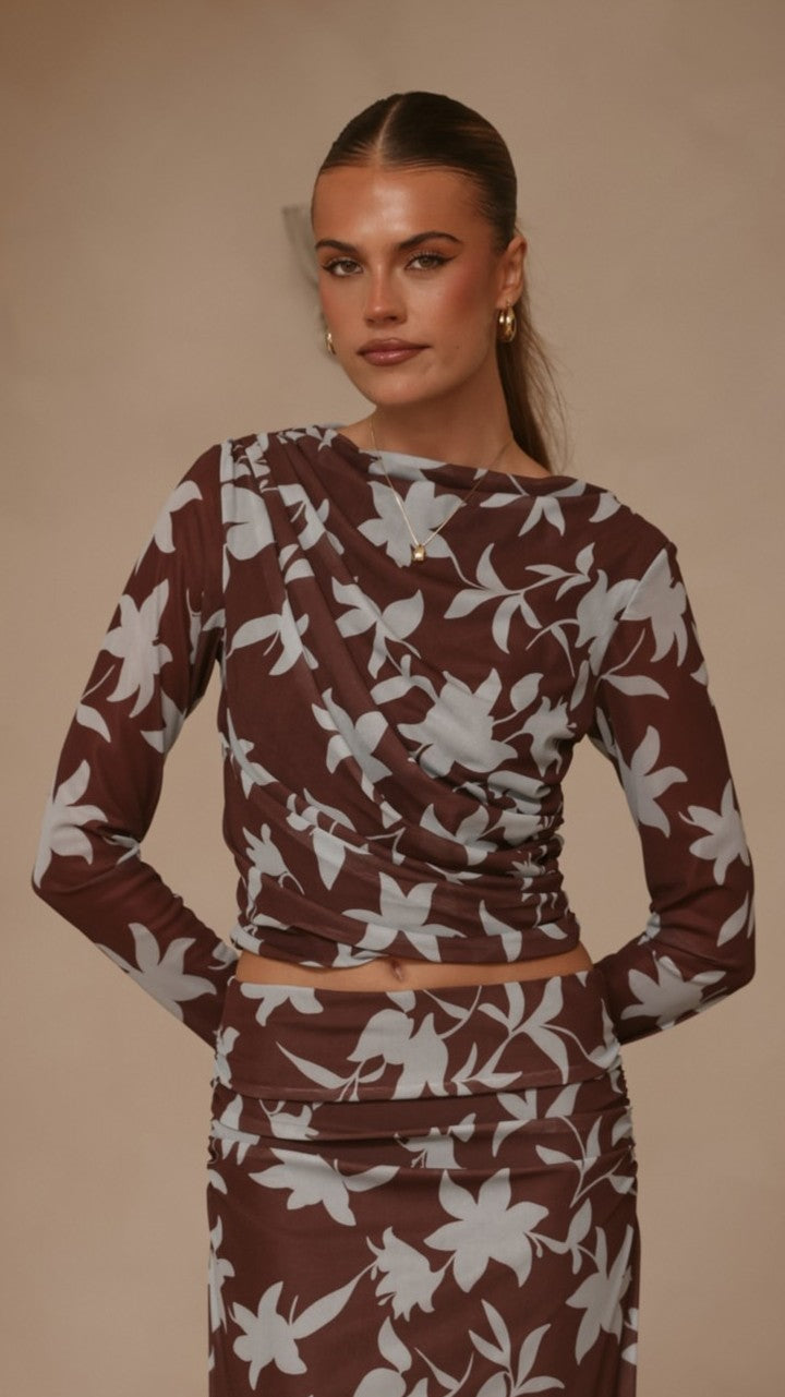 Adira Long Sleeve Top - Chocolate/Blue Print