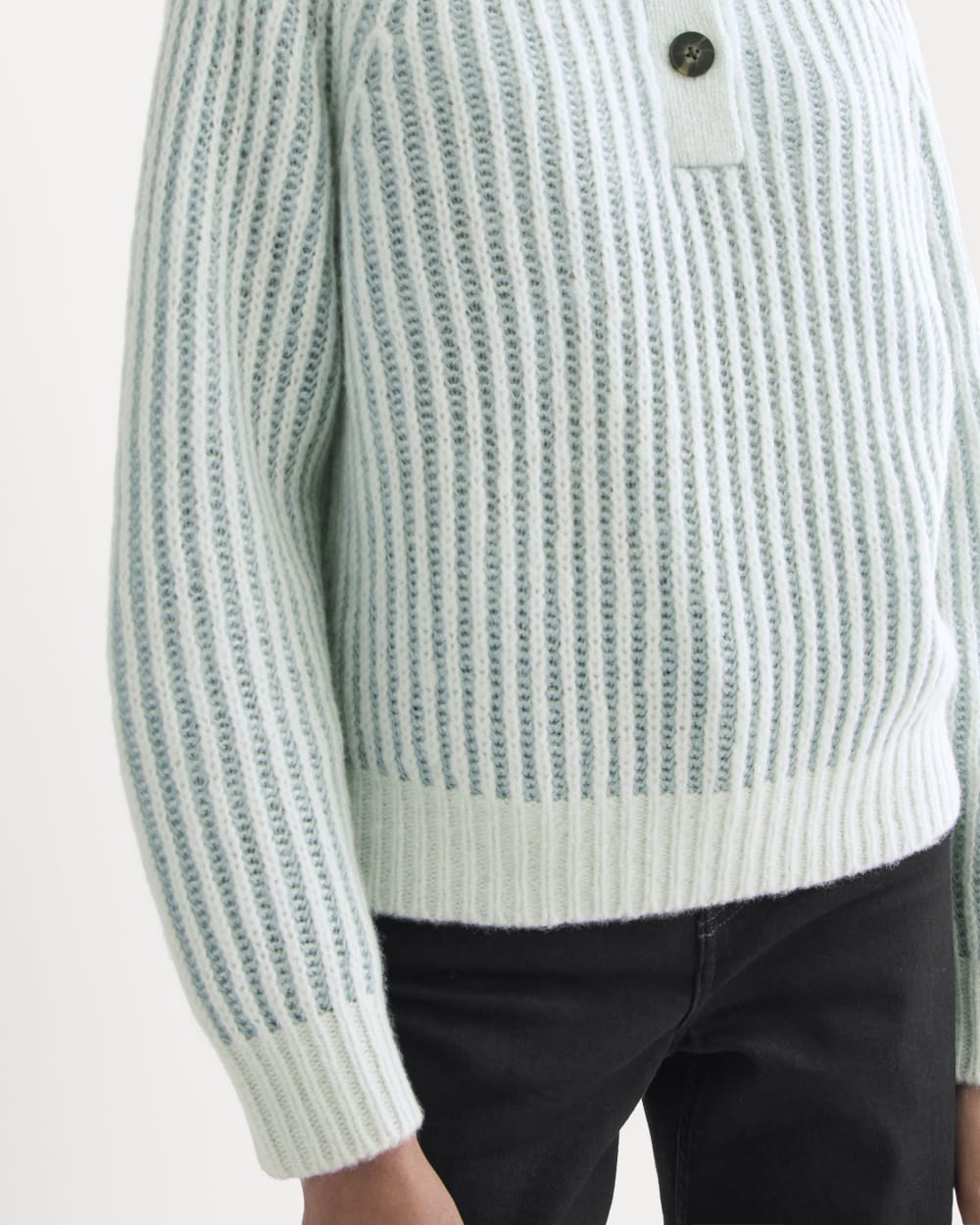 Funnel-Neck Ribbed Henley Sweater | Chalk Blue / Grey Mist Vertical Stripe