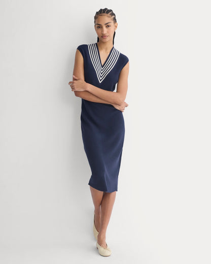 Relaxed V-Neck Midi Sweater Dress in Cotton Merino | Navy