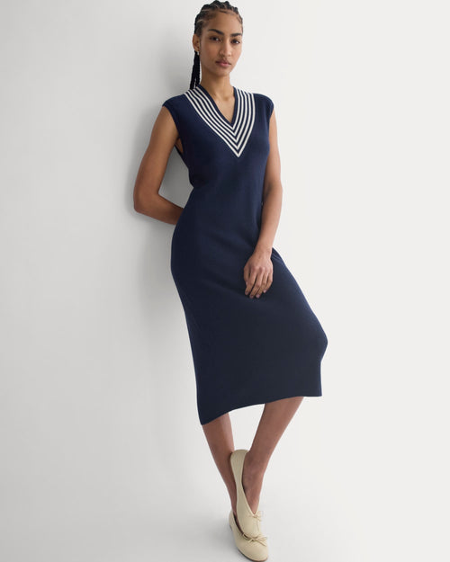 Relaxed V-Neck Midi Sweater Dress in Cotton Merino | Navy