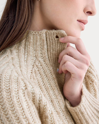 Funnel-Neck Ribbed Henley Sweater | Heathered Almond / Bone Vertical Stripe