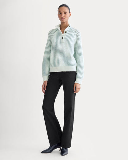 Funnel-Neck Ribbed Henley Sweater | Chalk Blue / Grey Mist Vertical Stripe