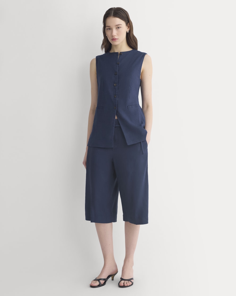 Long Vest in Stretch Linen | Navy