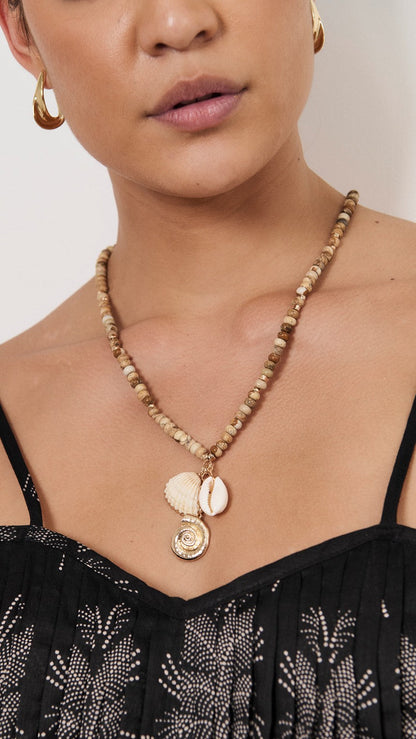 Beaded Cluster Drop Necklace - Camel/White