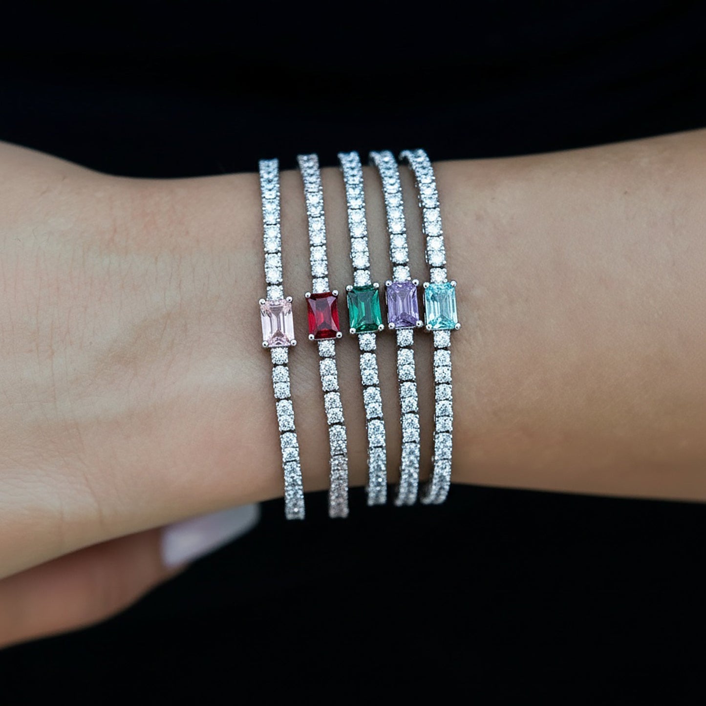 Colored Iced Rock Diamond Tennis Bracelet in White Gold