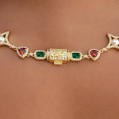 Colored Gemstone Pearl Rosary Chain Necklace in Yellow Gold