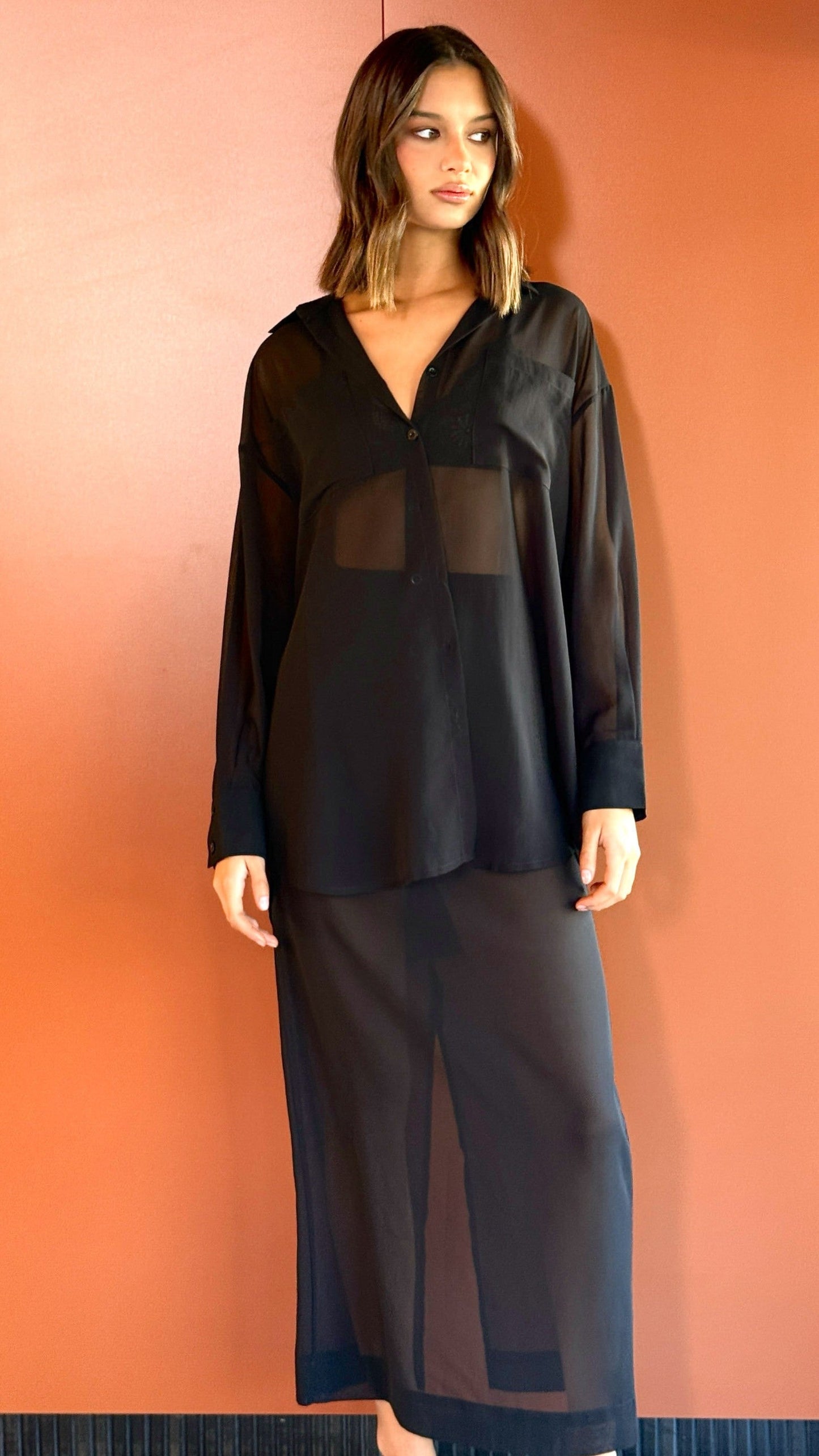 Adella Sheer Long Sleeve Top and Maxi Skirt Set - Black
