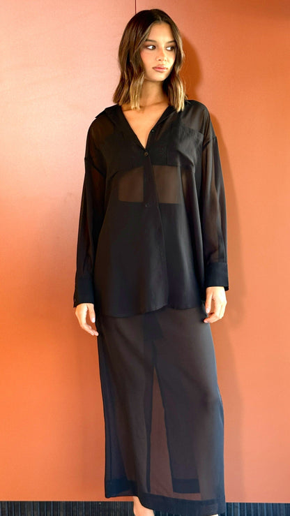 Adella Sheer Long Sleeve Top and Maxi Skirt Set - Black