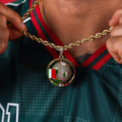 Diamond Mexico Spinning Globe Flag Pendant in Yellow Gold
