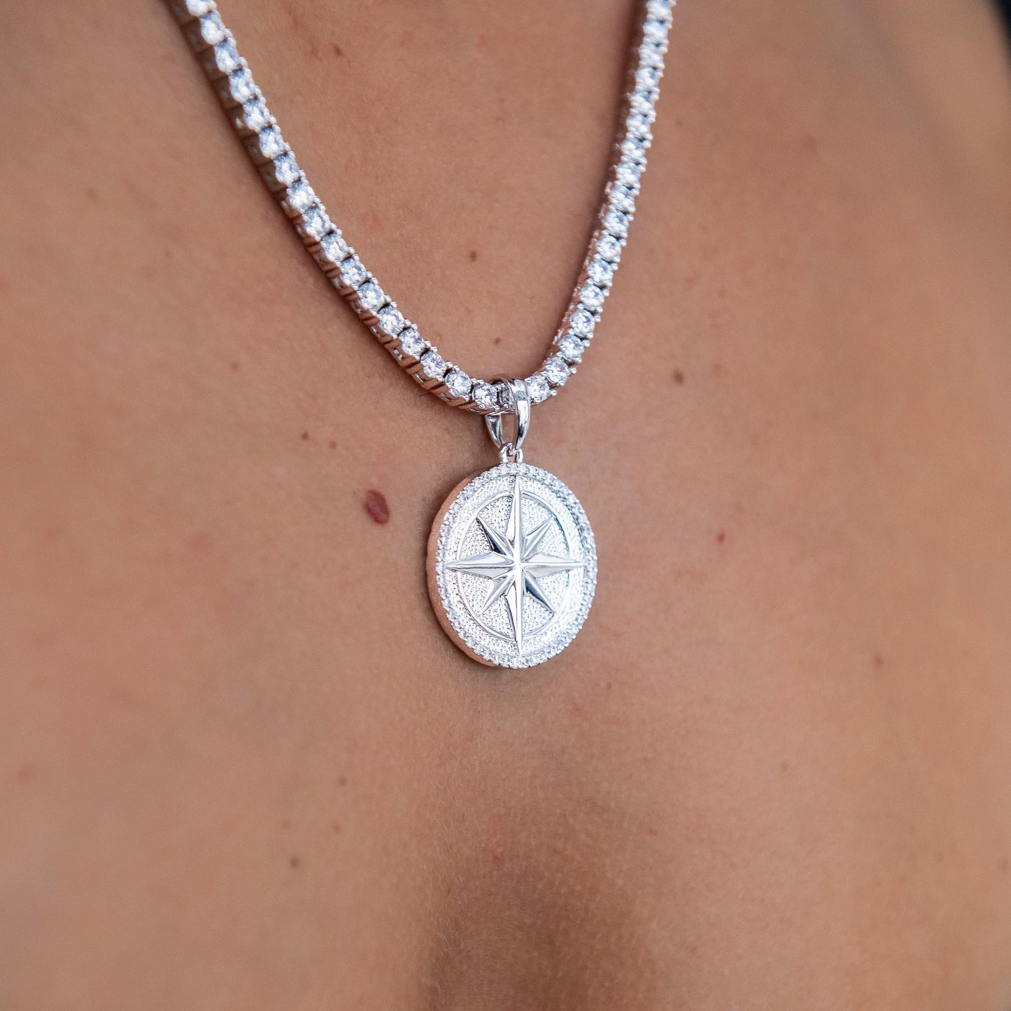 Compass Coin Pendant in White Gold