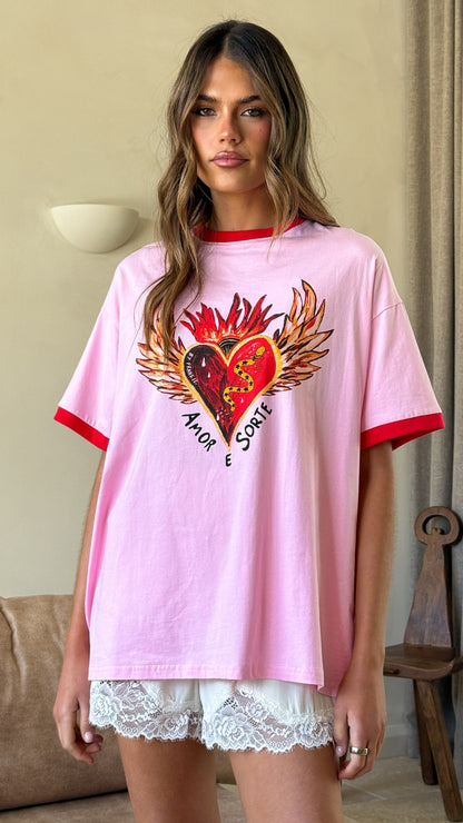 Amor E Sorte Oversized Tee - Pink/Red