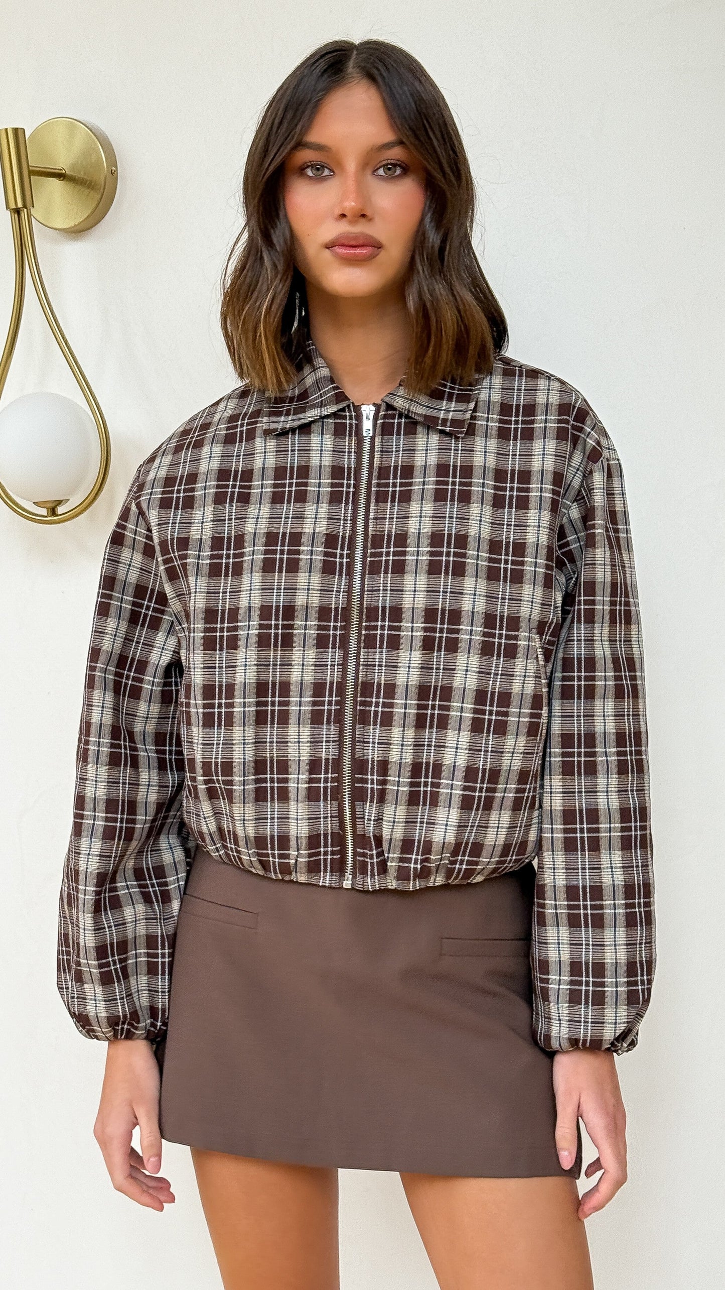 Brax Bomber Jacket - Choc/Beige Plaid