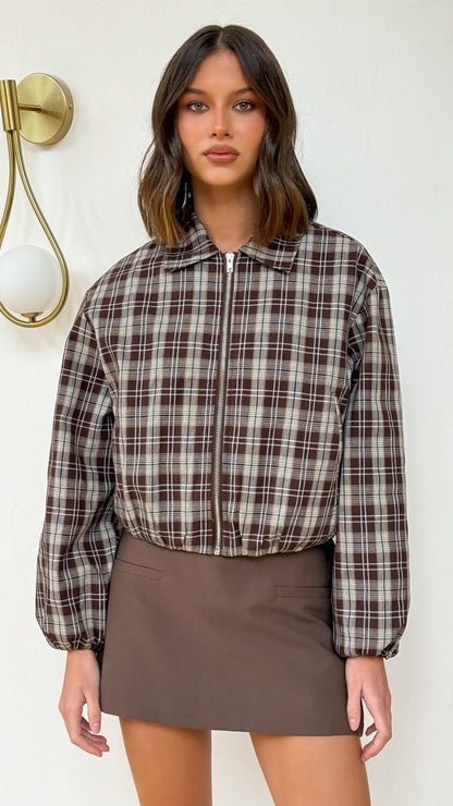 Brax Bomber Jacket - Choc/Beige Plaid