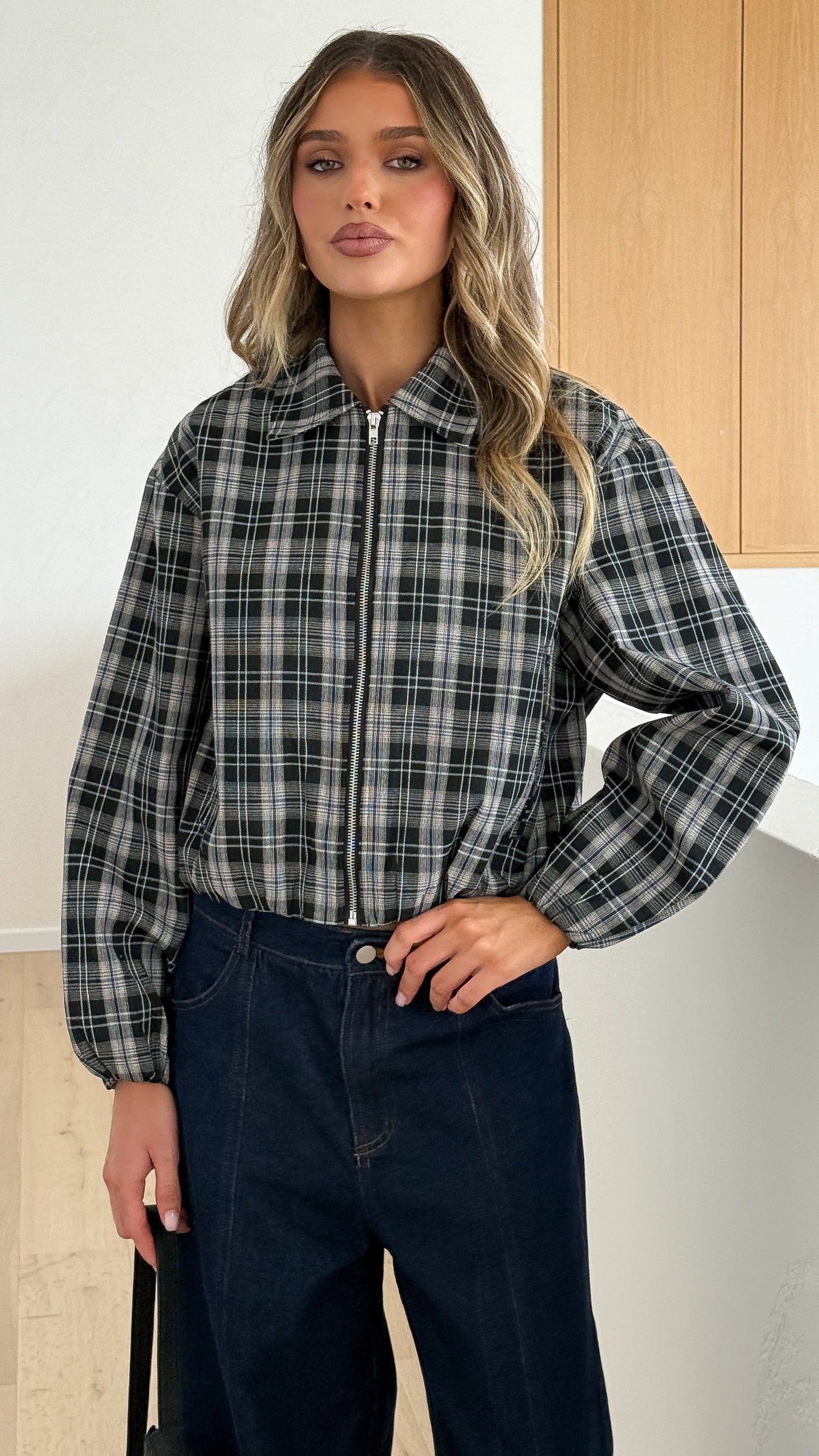 Brax Bomber Jacket - Black/Beige Plaid