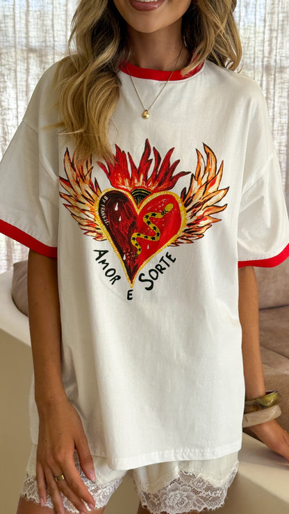Amor E Sorte Oversized Tee - White/Red
