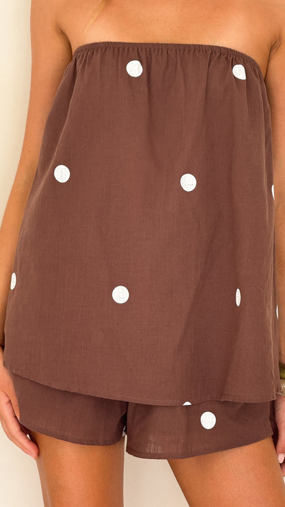 Calliope Strapless Top and Shorts Set - Brown/White Polka