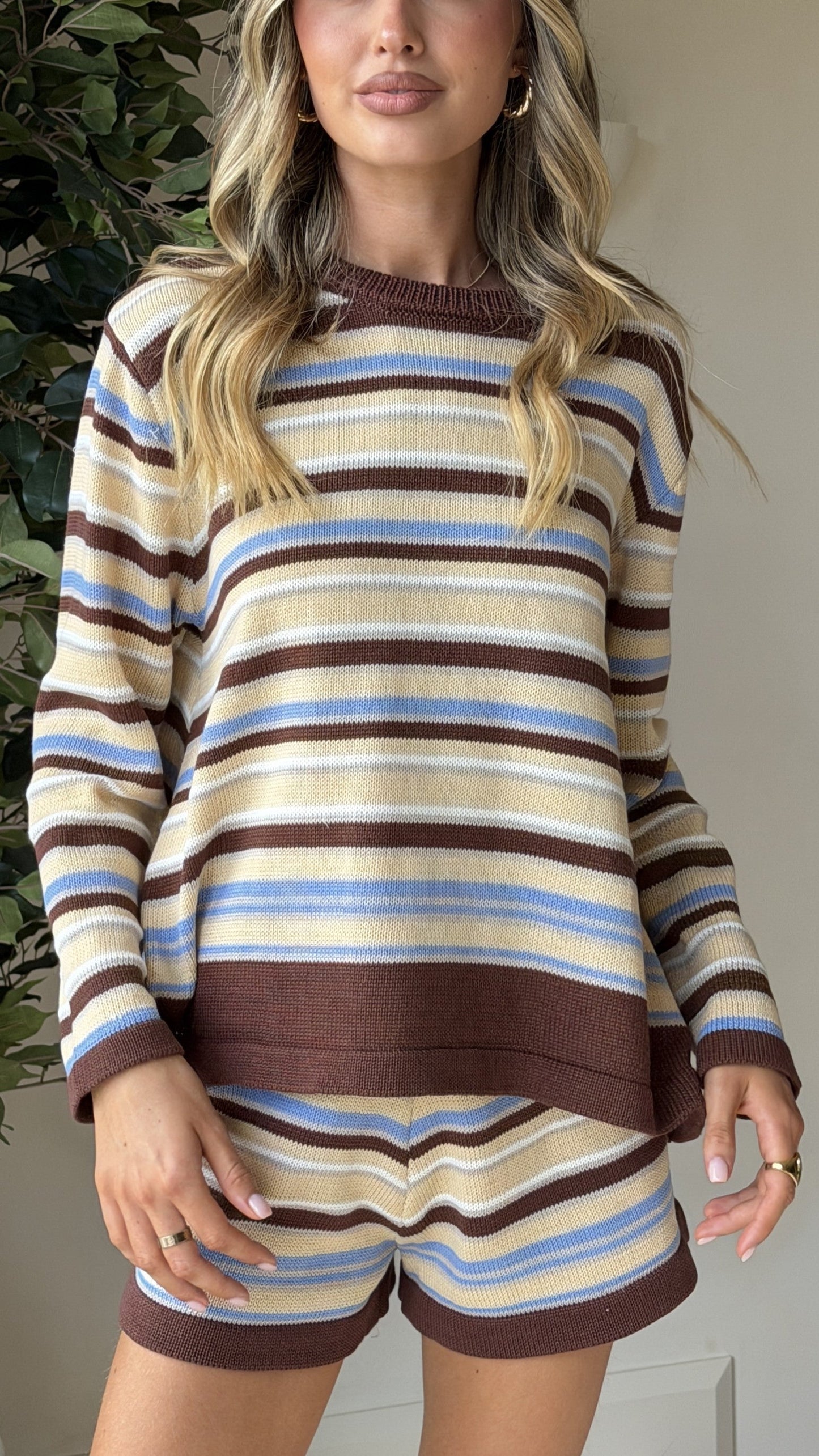 Bailey Knit Top and Shorts Set - Beige/Chocolate