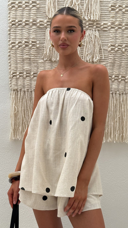 Calliope Strapless Top and Shorts Set - Oat/Black Polka Dot