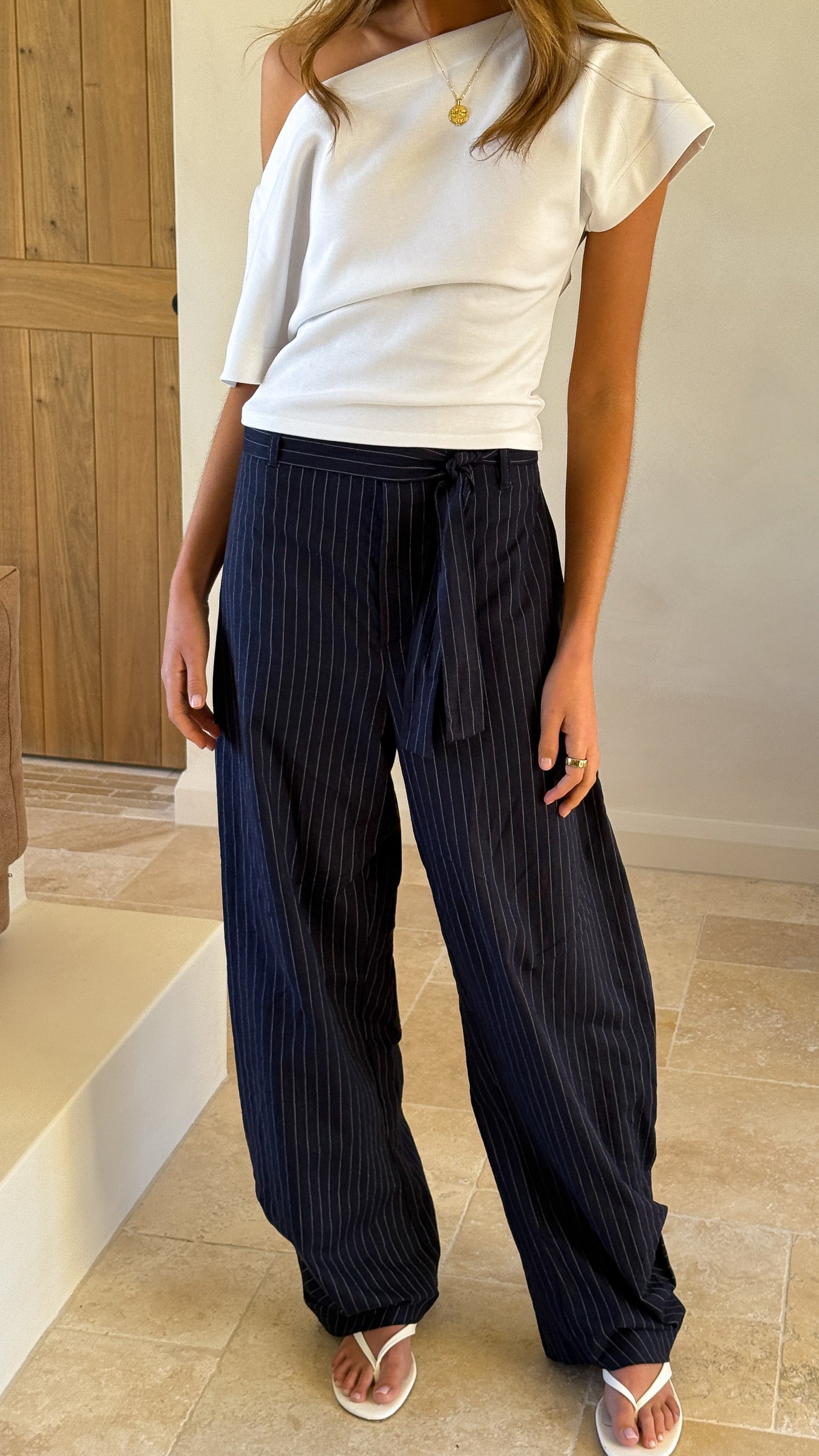 Audrey Pinstripe Tapered Pant - Navy