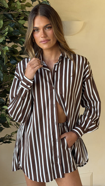 Arli Button Up Shirt - Brown/White Stripe