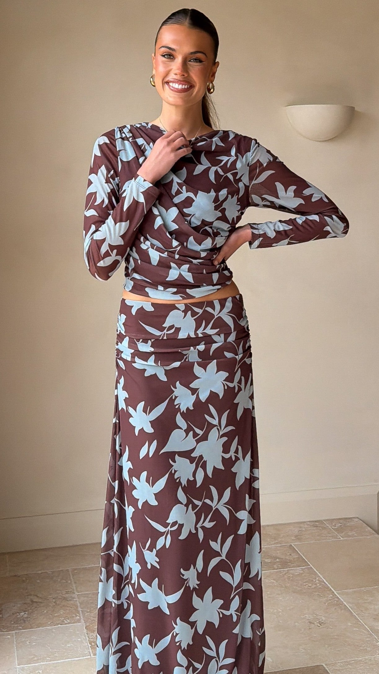 Adira Long Sleeve Top - Chocolate/Blue Print